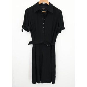 Tahari Dress Size 8 Black Belted Short Sleeve Button Front Collar Business